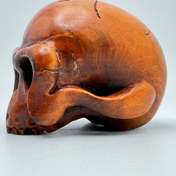 Netsuke Large Skull Hardwood Carving Sculpture Japanese Vintage - Picture 8 of 10